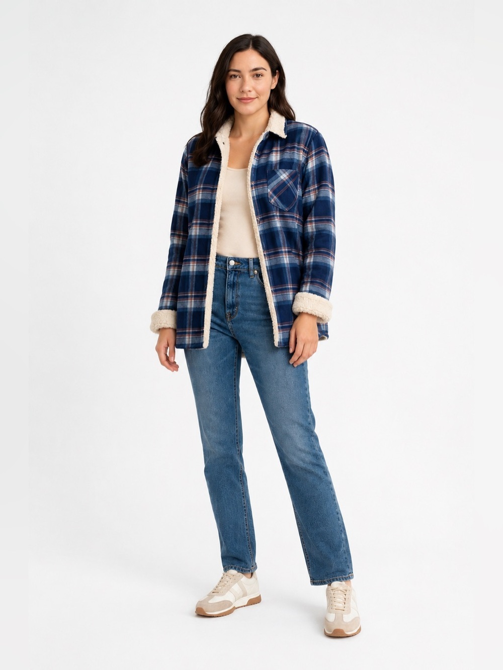 💙 Ambiance Sherpa-Lined Plaid Shacket | Blue | Small